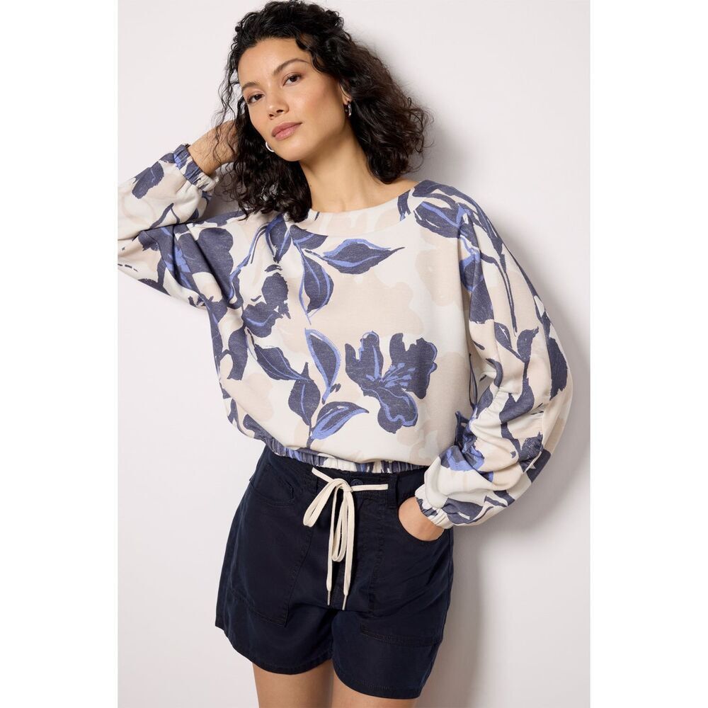 Evereve Sweatshirt Top Lana Floral Long Sleeve Cream Blue Small